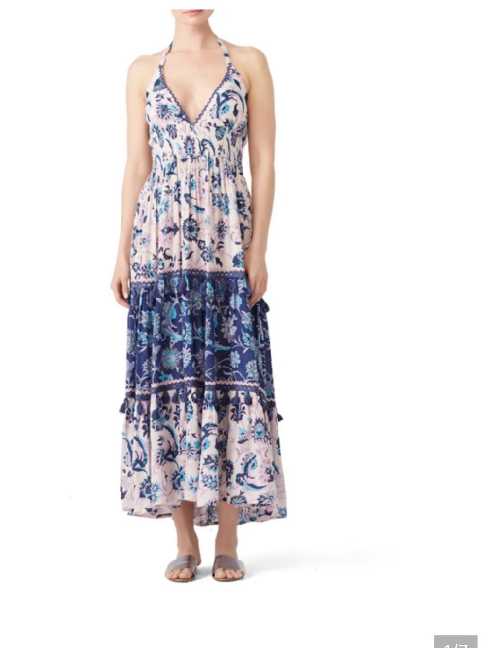 Raga Waiola Halter Maxi Dress S Floral Tiered Tassel Smocked Sleeveless V-Neck